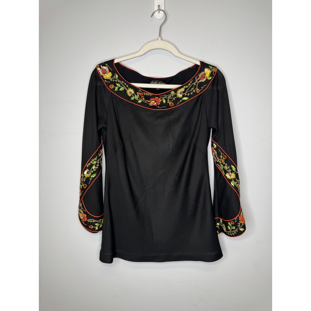 Geisha Designs Anthropologie Black Sequin Embroidered Bell Sleeve Blouse Large